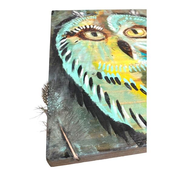 Art‎ Original Hand Painted Wise Ole Owl with Real Owl Feather On Wood 81/… - Picture 3 of 10